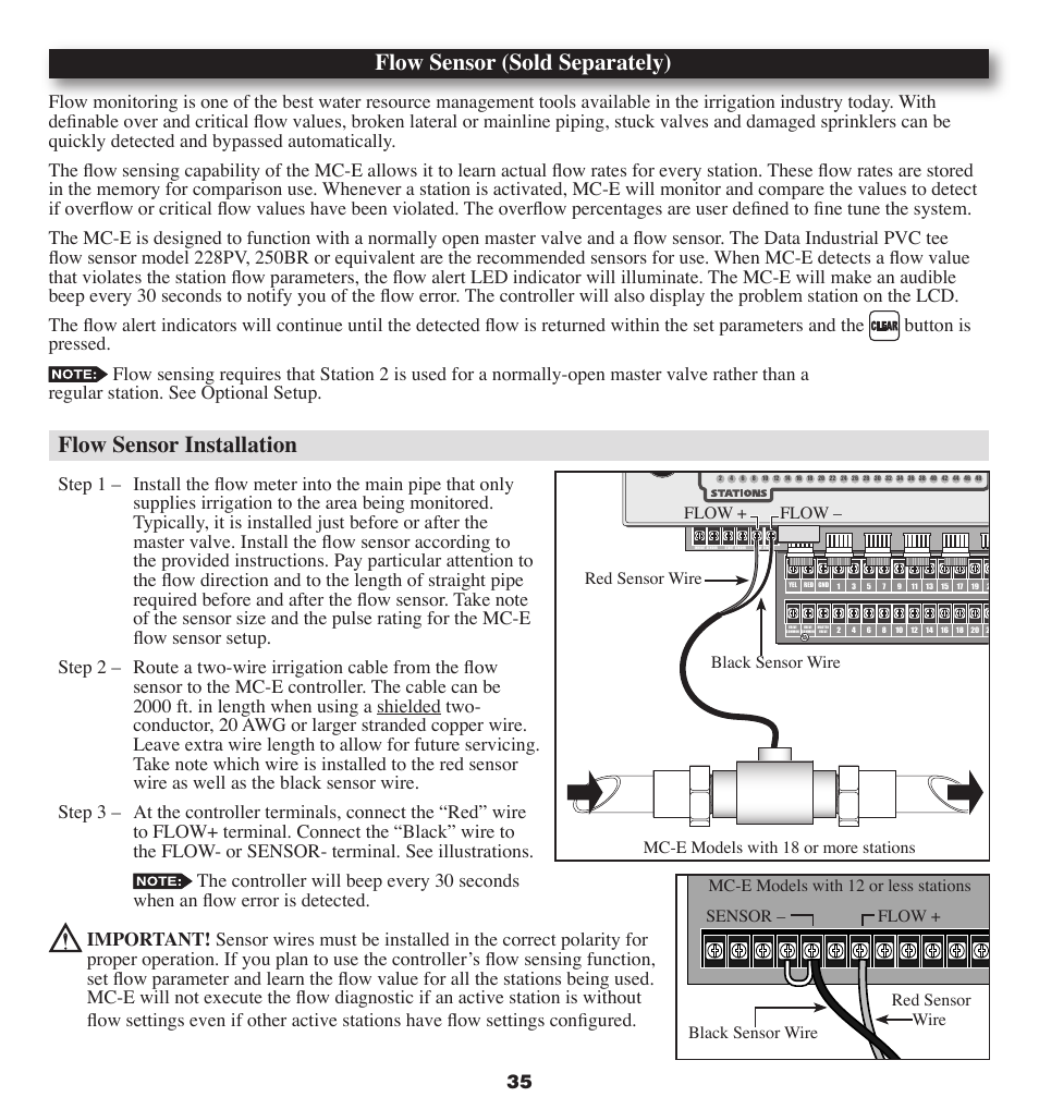 Flow sensor (sold separately), Flow sensor installation | Irritrol MC-E User Manual | Page 35 / 40