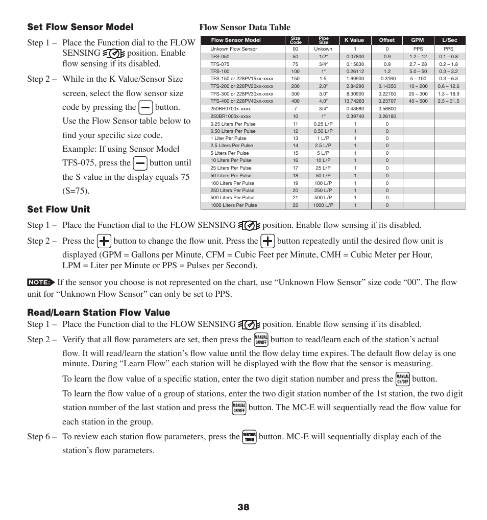 Set flow sensor model, Set flow unit, Read/learn station flow value | Irritrol MC-E User Manual | Page 38 / 40