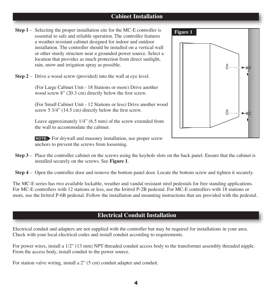 Cabinet installation, Electrical conduit installation | Irritrol MC-E User Manual | Page 4 / 40