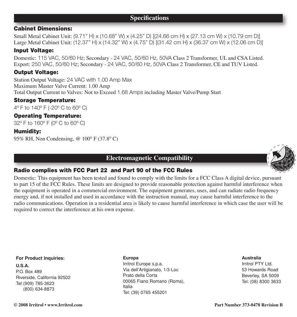 Specifications, Electromagnetic compatibility | Irritrol MC-E User Manual | Page 40 / 40