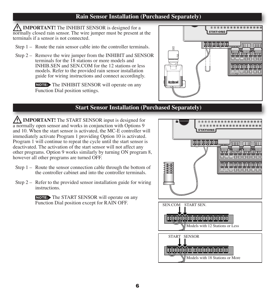 Rain sensor installation (purchased separately), Start sensor installation (purchased separately) | Irritrol MC-E User Manual | Page 6 / 40