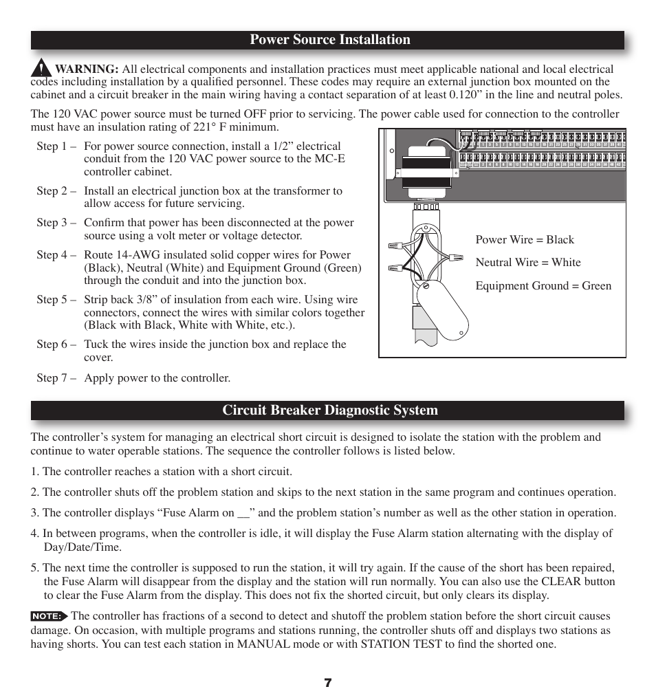 Power source installation, Circuit breaker diagnostic system | Irritrol MC-E User Manual | Page 7 / 40