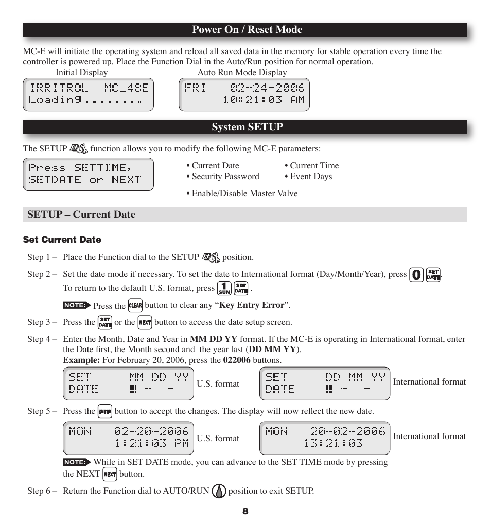 Power on / reset mode, System setup, Setup – current date | Irritrol MC-E User Manual | Page 8 / 40