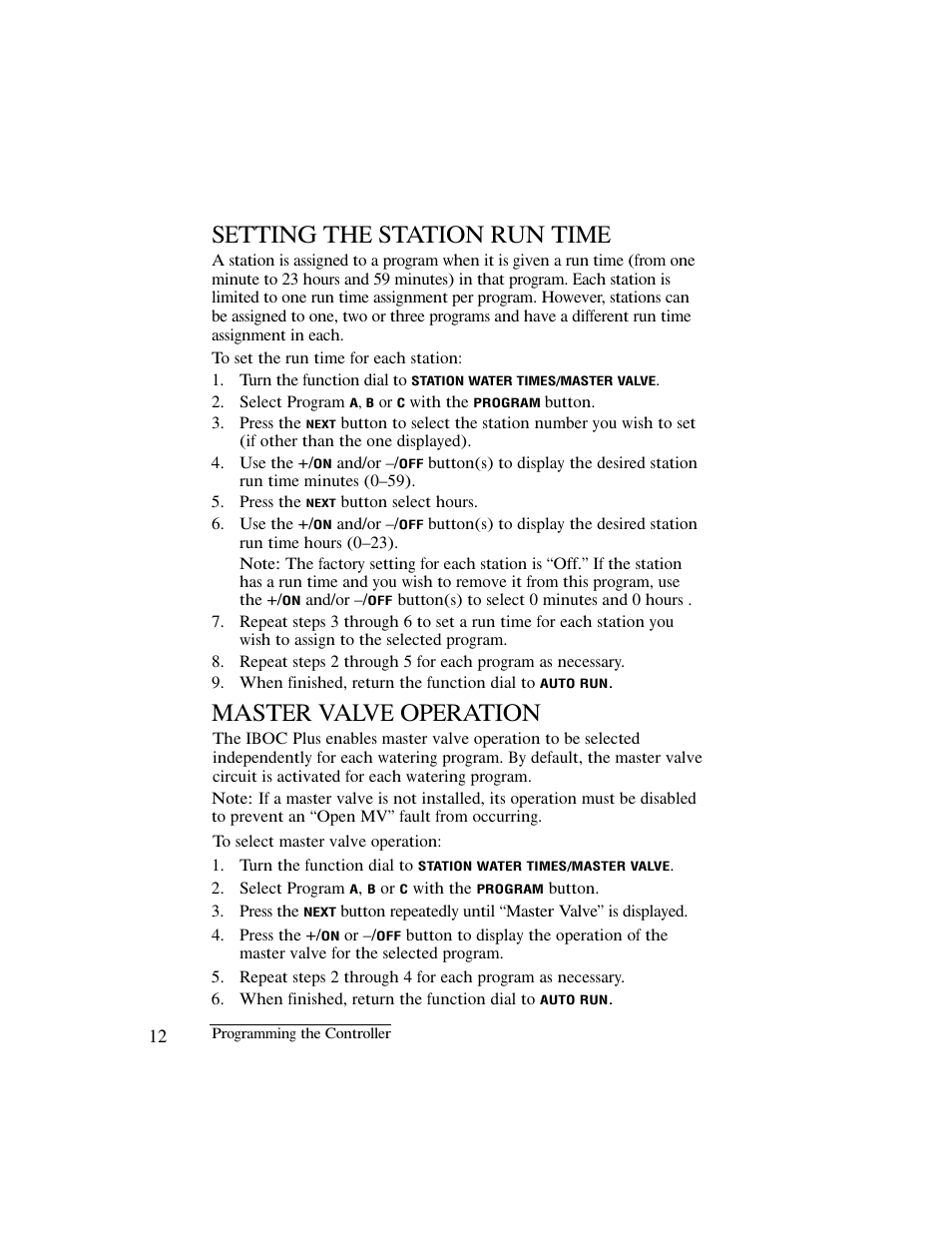 Setting the station run time, Master valve operation | Irritrol IBOC-Plus User Manual | Page 14 / 28