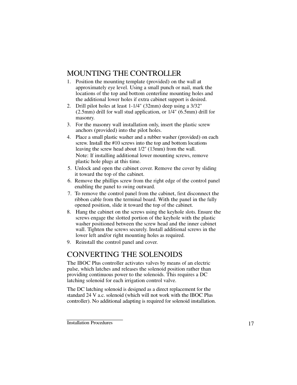 Mounting the controller, Converting the solenoids | Irritrol IBOC-Plus User Manual | Page 19 / 28