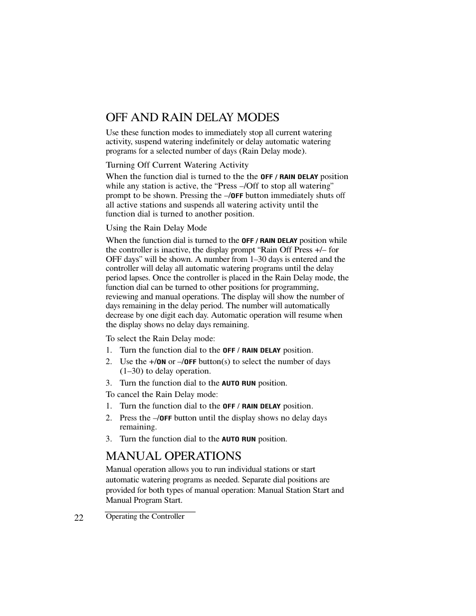 Off and rain delay modes, Manual operations | Irritrol IBOC-Plus User Manual | Page 24 / 28