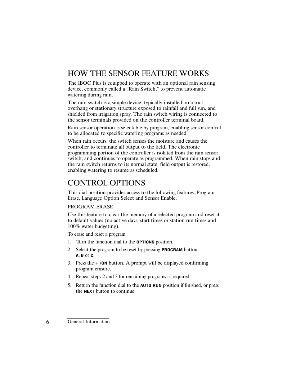How the sensor feature works, Control options | Irritrol IBOC-Plus User Manual | Page 8 / 28