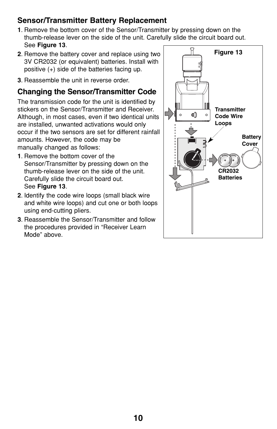 Sensor/transmitter battery replacement, Changing the sensor/transmitter code | Irritrol RainSensor User Manual | Page 10 / 12