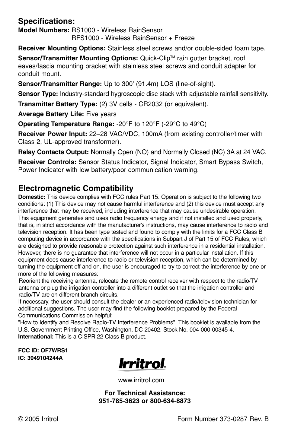 Specifications, Electromagnetic compatibility | Irritrol RainSensor User Manual | Page 12 / 12