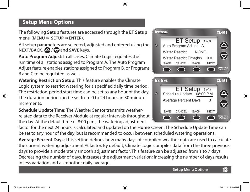 Et setup, 13 setup menu options | Irritrol Climate Logic User Manual | Page 13 / 24