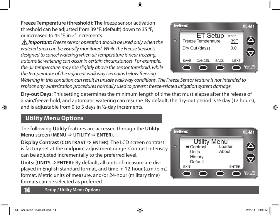 Et setup, Utility menu, Utility menu options | Irritrol Climate Logic User Manual | Page 14 / 24