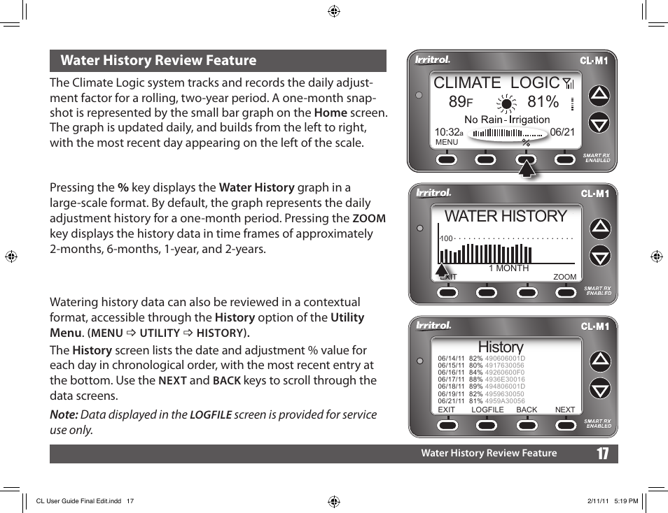 Water history, Climate logic, 81% history | 17 water history review feature | Irritrol Climate Logic User Manual | Page 17 / 24