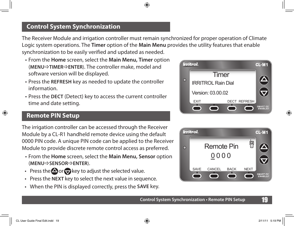 Timer, Remote pin 0 0 0 0, 19 control system synchronization | Remote pin setup | Irritrol Climate Logic User Manual | Page 19 / 24