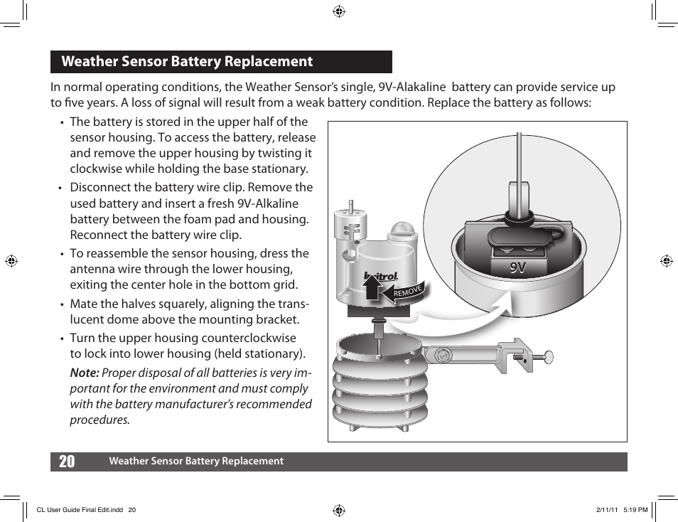 Weather sensor battery replacement | Irritrol Climate Logic User Manual | Page 20 / 24