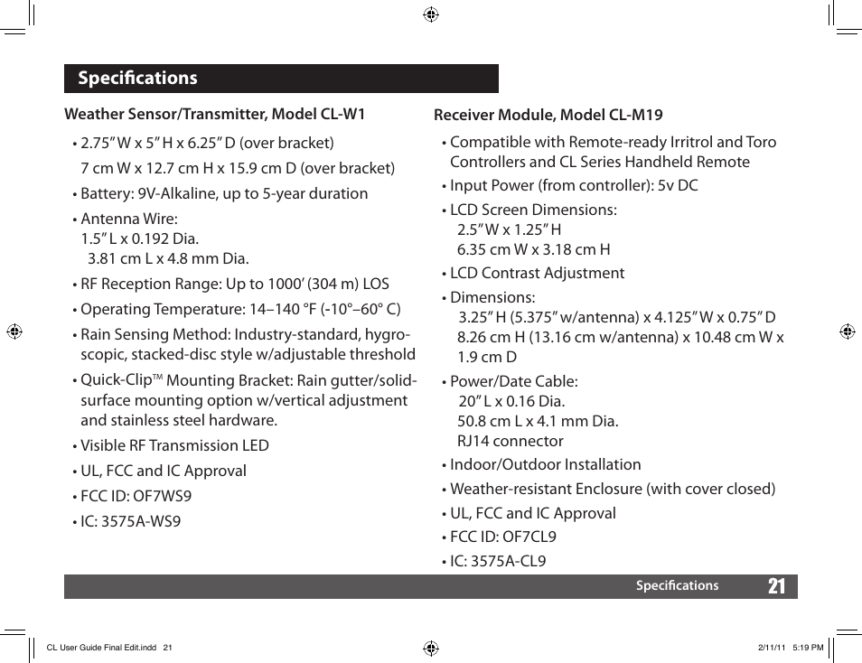 21 specifications | Irritrol Climate Logic User Manual | Page 21 / 24