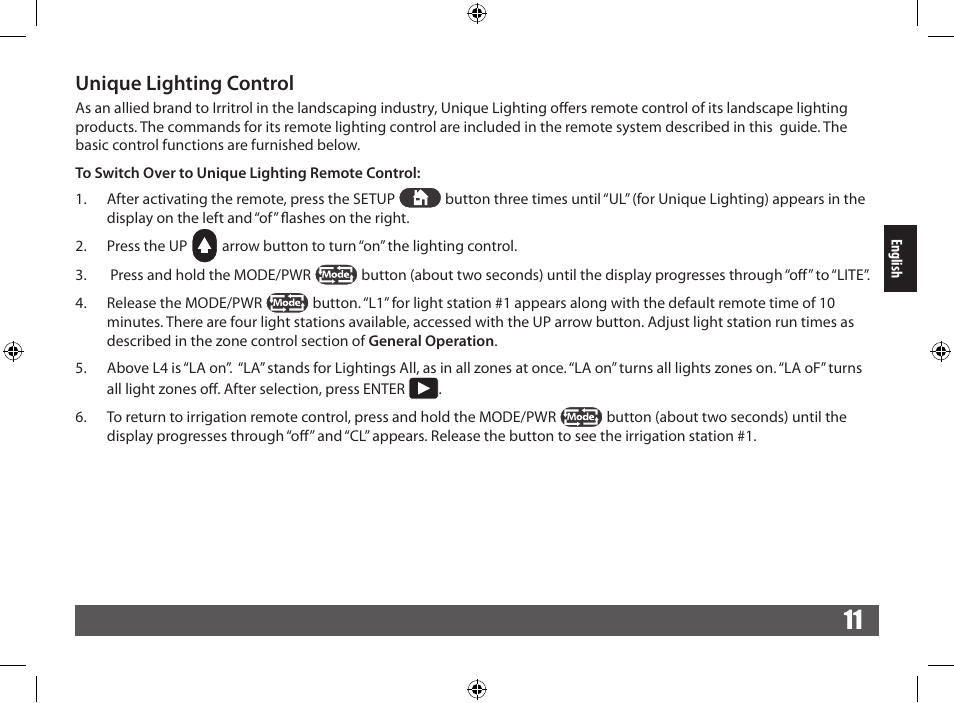Unique lighting control | Irritrol CRR User Manual | Page 11 / 36