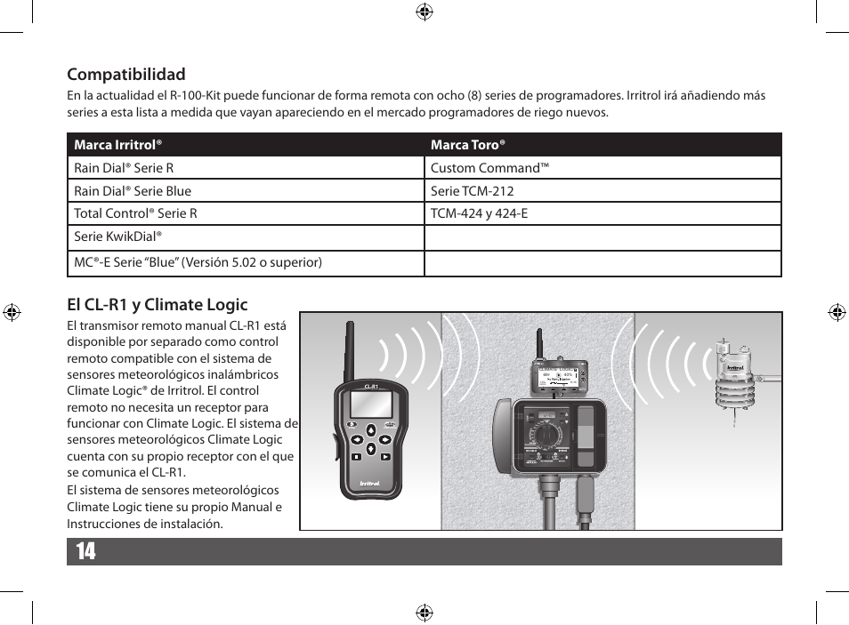 Compatibilidad, El cl-r1 y climate logic | Irritrol CRR User Manual | Page 14 / 36