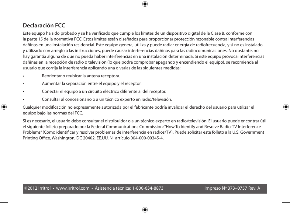 Declaración fcc | Irritrol CRR User Manual | Page 24 / 36