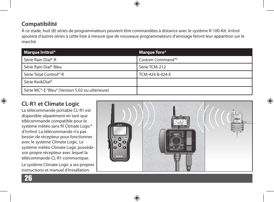 Compatibilité, Cl-r1 et climate logic | Irritrol CRR User Manual | Page 26 / 36