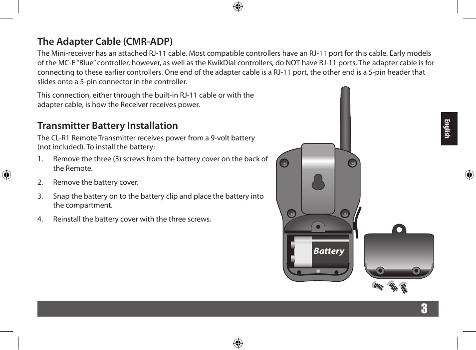 The adapter cable (cmr-adp), Transmitter battery installation | Irritrol CRR User Manual | Page 3 / 36