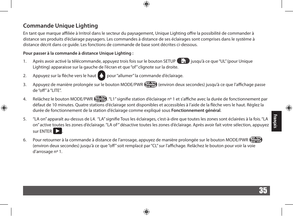 Commande unique lighting | Irritrol CRR User Manual | Page 35 / 36