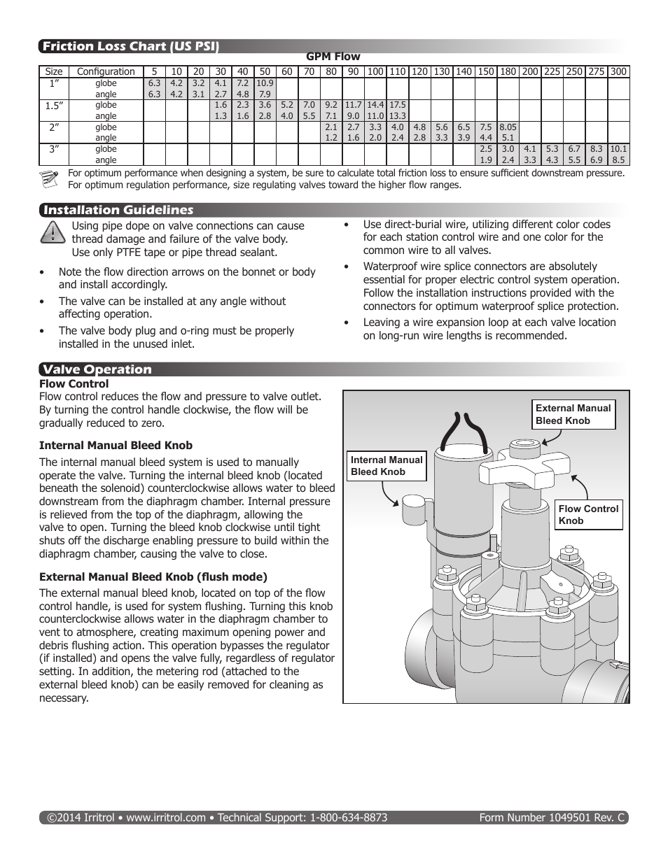 Installation guidelines valve operation, Friction loss chart (us psi) | Irritrol 100 Series User Manual | Page 2 / 2