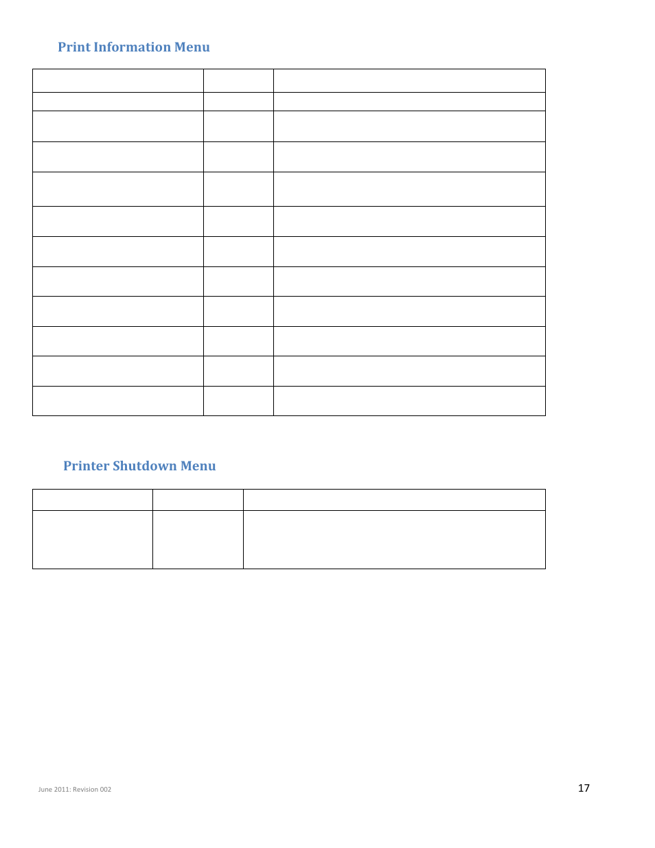 Print information menu printer shutdown menu, Print information menu, Printer shutdown menu | iSys iTerra Elite II Color LED Plotter User Manual | Page 17 / 43