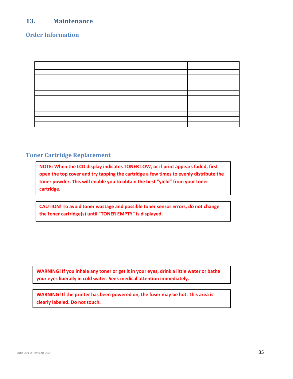 Maintenance, Order information toner cartridge replacement, Order information | Toner cartridge replacement | iSys iTerra Elite II Color LED Plotter User Manual | Page 35 / 43