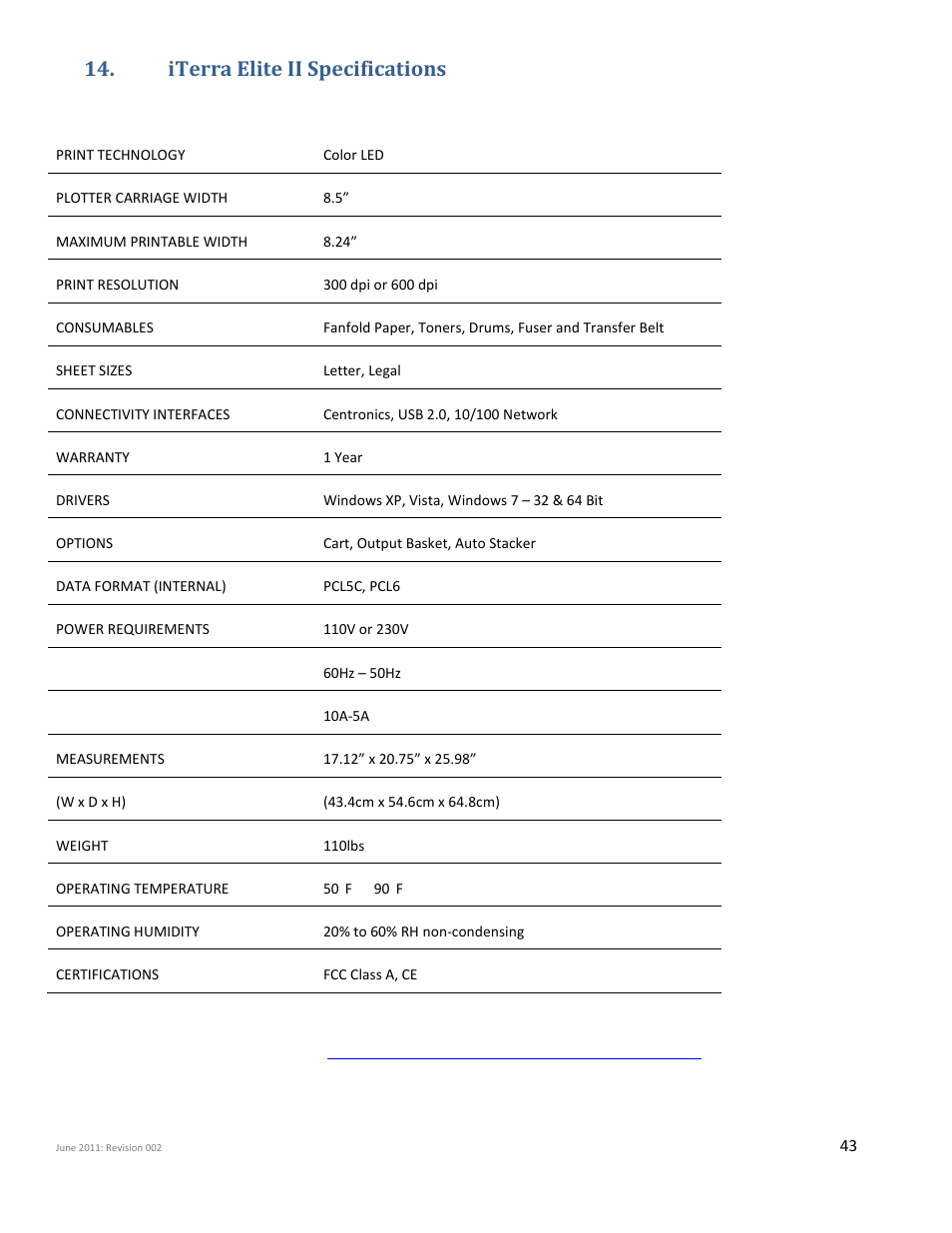 Iterra elite ii specifications | iSys iTerra Elite II Color LED Plotter User Manual | Page 43 / 43