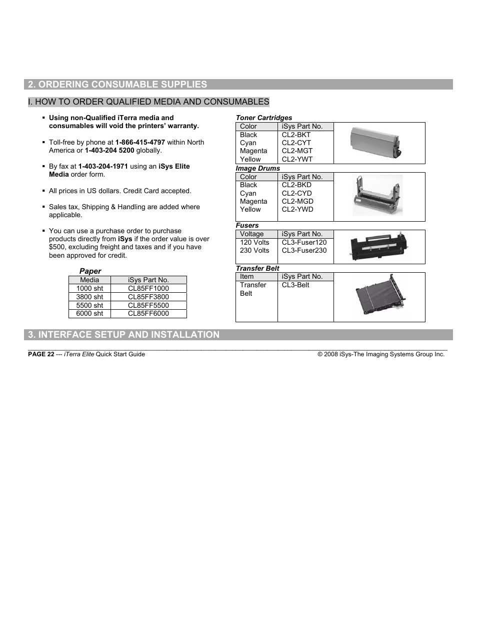 Ordering consumable supplies, Interface setup and installation | iSys iTerra Elite Color LED Printer User Manual | Page 22 / 119
