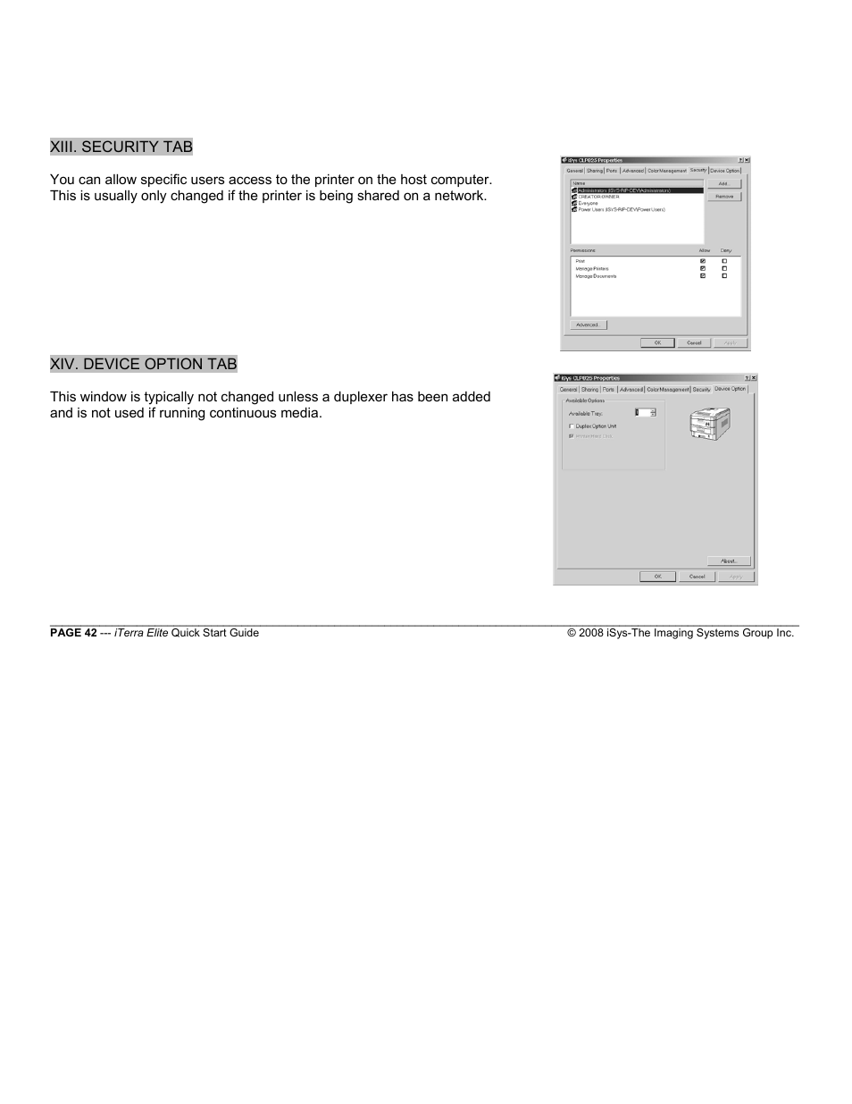 Xiii. security tab, Xiv. device option tab | iSys iTerra Elite Color LED Printer User Manual | Page 42 / 119