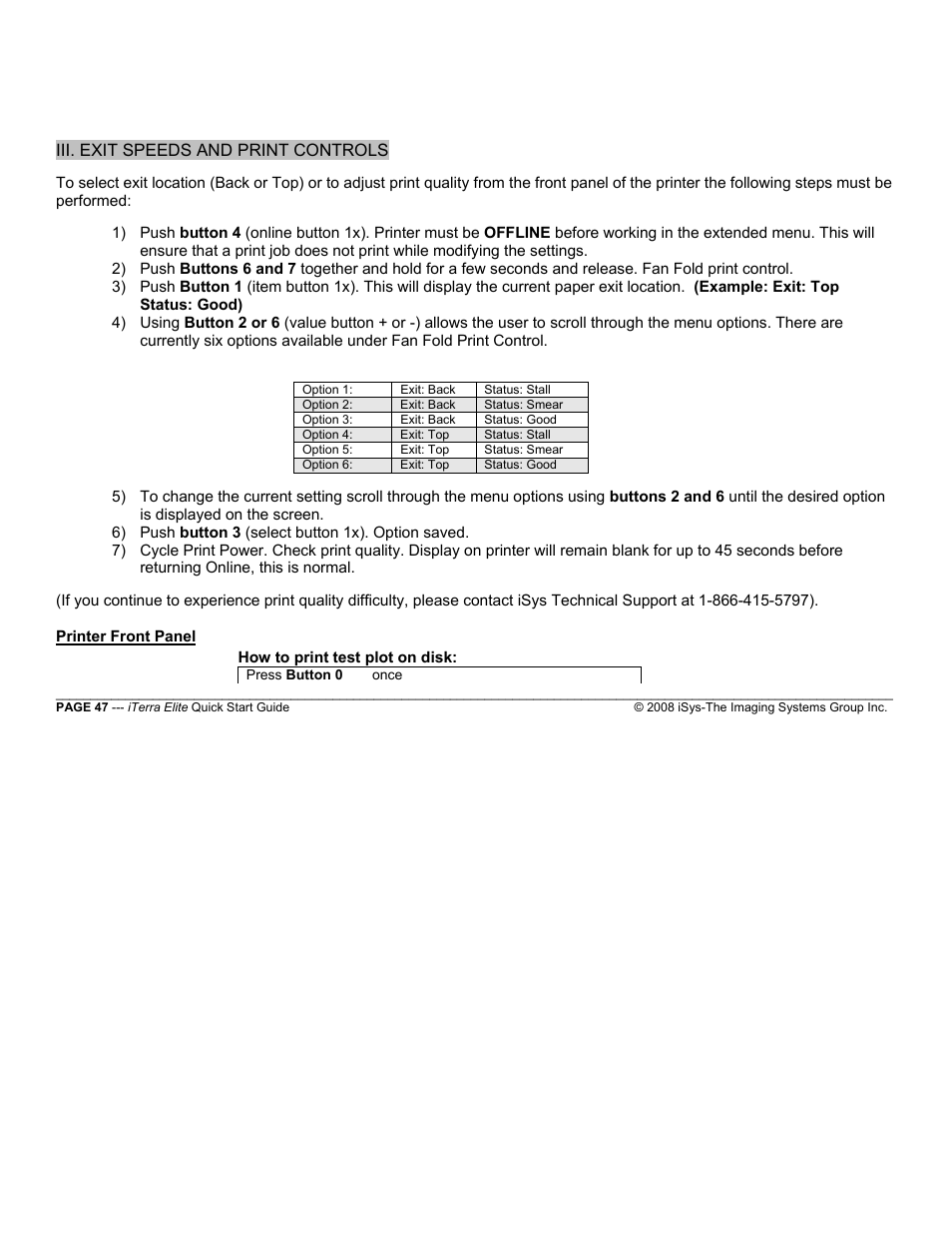 Iii. exit speeds and print controls | iSys iTerra Elite Color LED Printer User Manual | Page 47 / 119