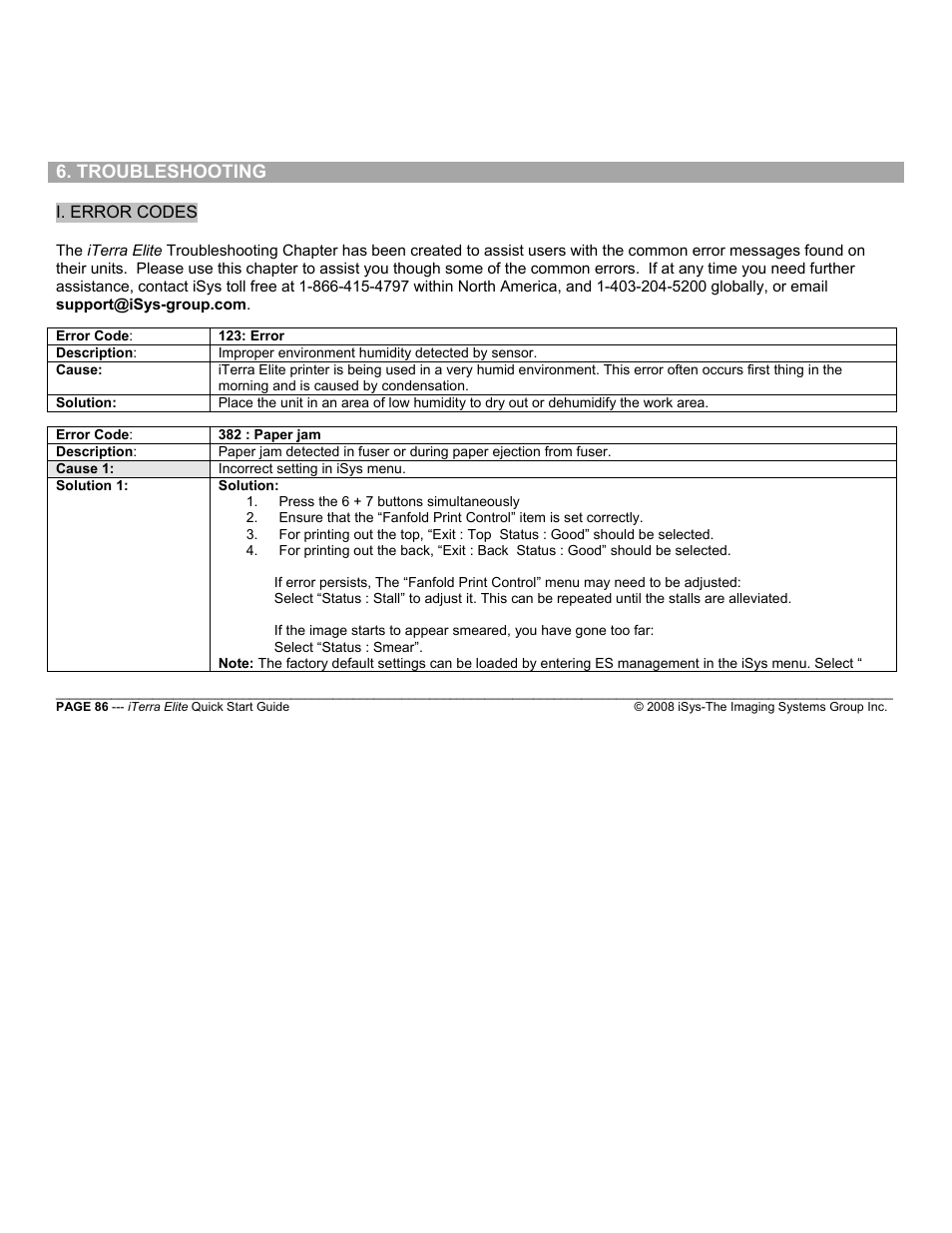Troubleshooting | iSys iTerra Elite Color LED Printer User Manual | Page 86 / 119