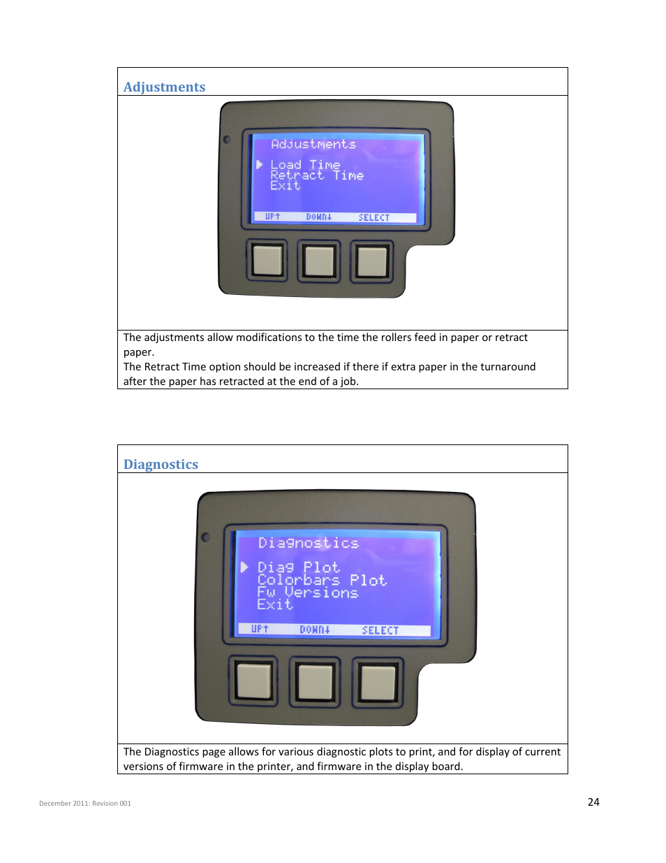 Adjustments, Diagnostics | iSys Iterra Mi875 User Manual | Page 24 / 43