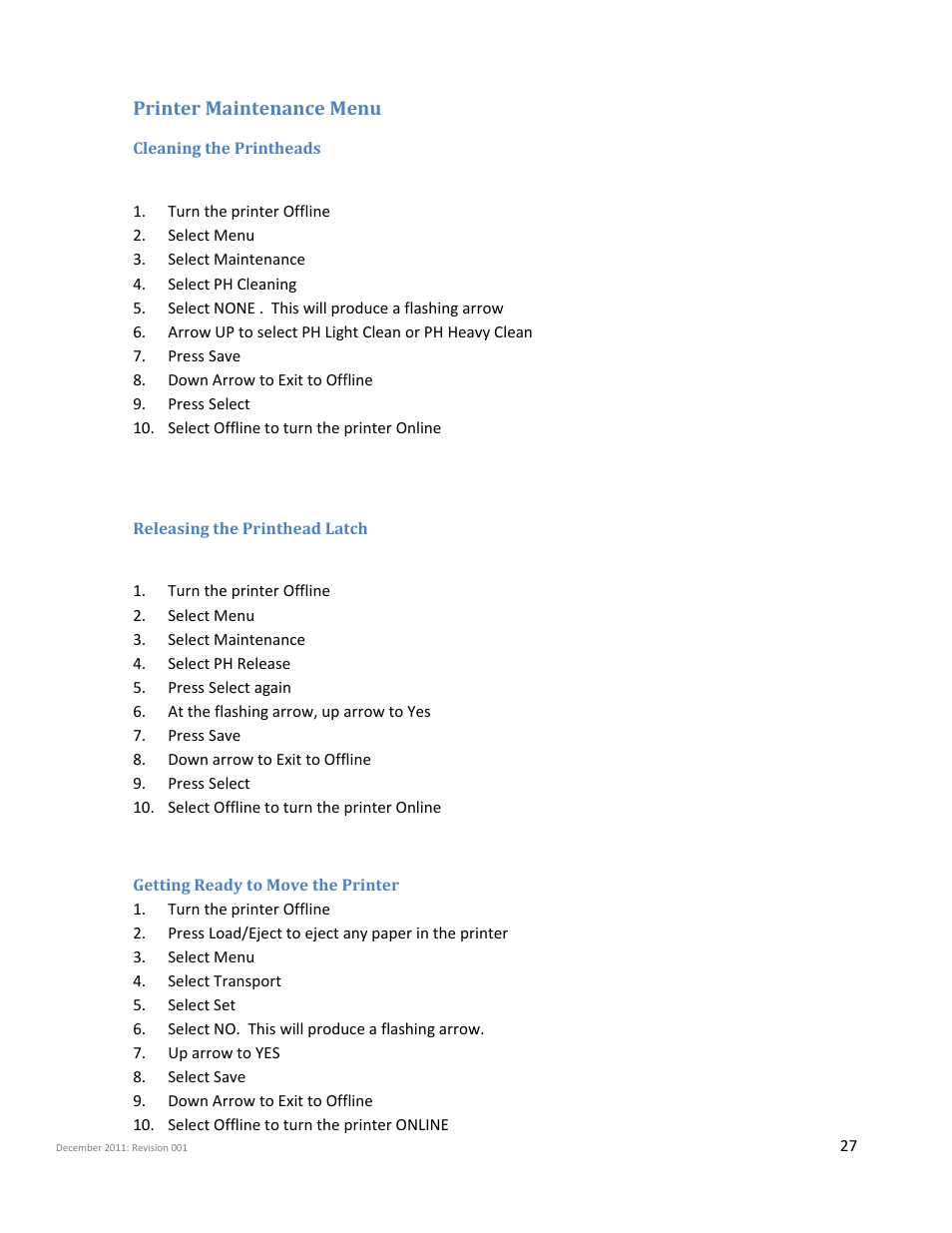Printer maintenance menu, Cleaning the printheads, Releasing the printhead latch | Getting ready to move the printer | iSys Iterra Mi875 User Manual | Page 27 / 43