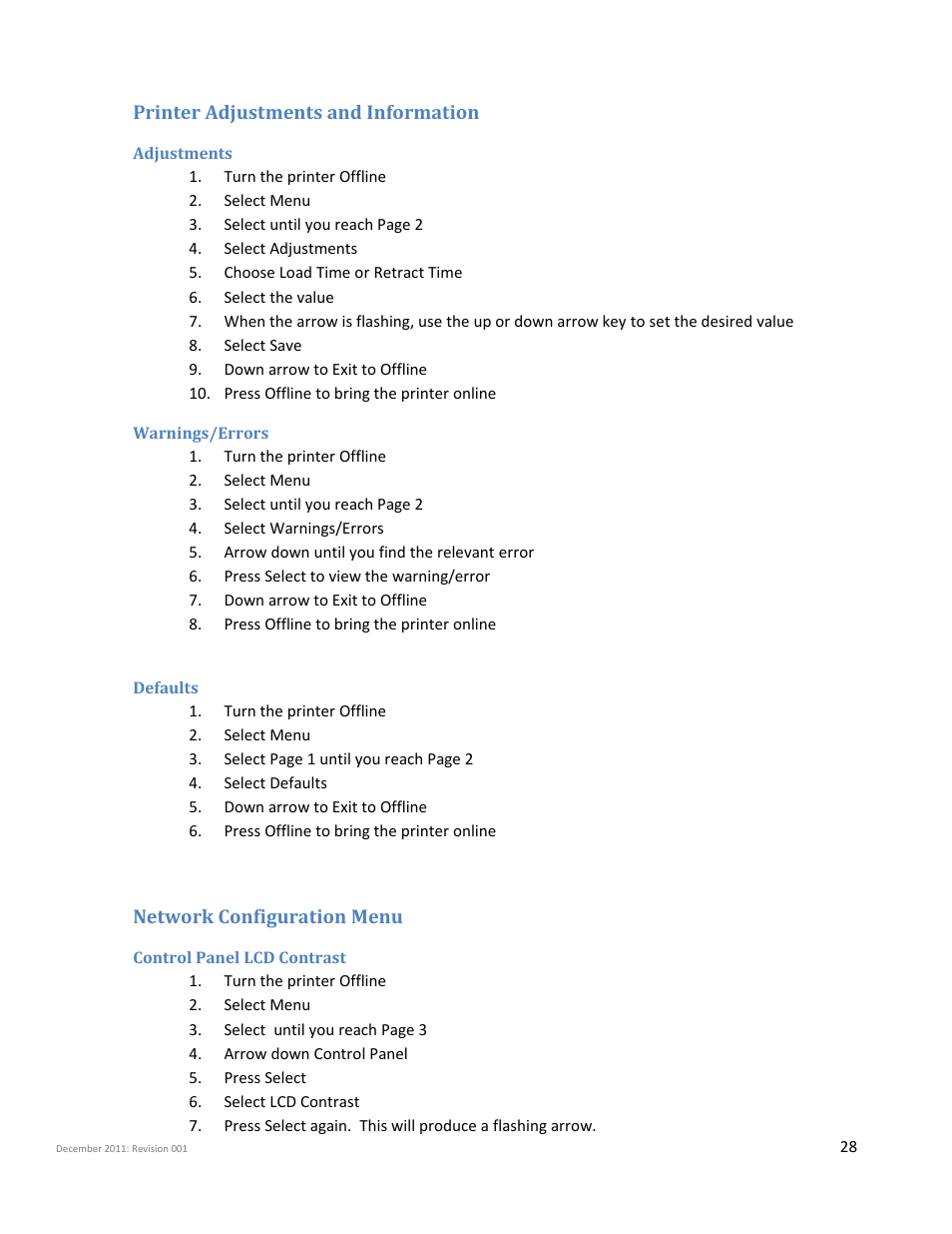 Printer adjustments and information, Adjustments, Warnings/errors | Defaults, Network configuration menu, Control panel lcd contrast | iSys Iterra Mi875 User Manual | Page 28 / 43