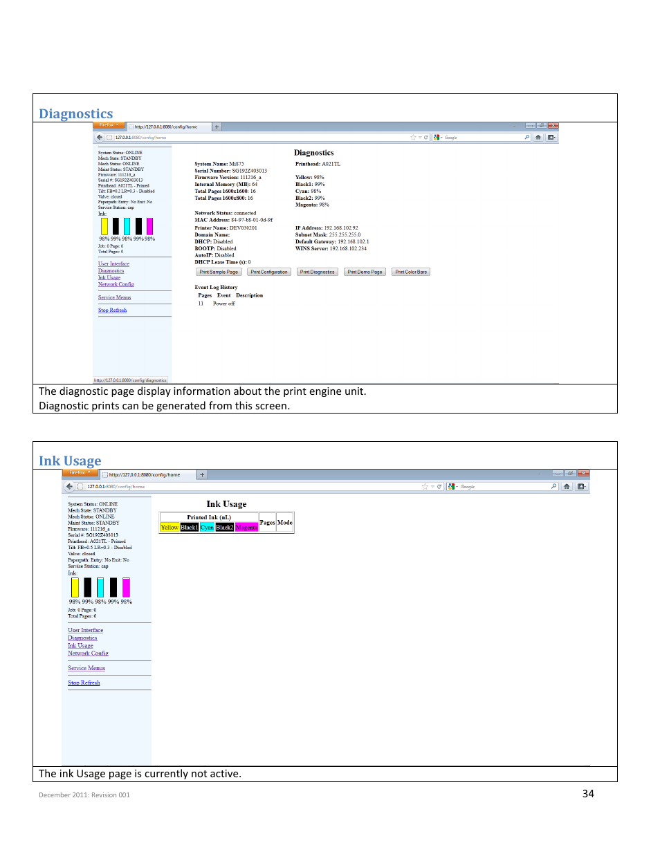 Diagnostics, Ink usage | iSys Iterra Mi875 User Manual | Page 34 / 43
