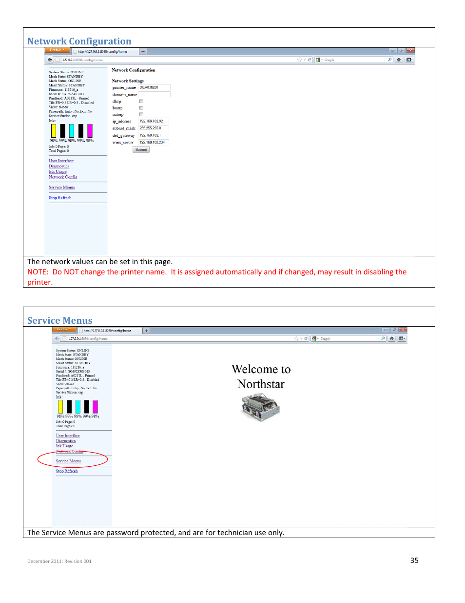 Network configuration, Service menus | iSys Iterra Mi875 User Manual | Page 35 / 43