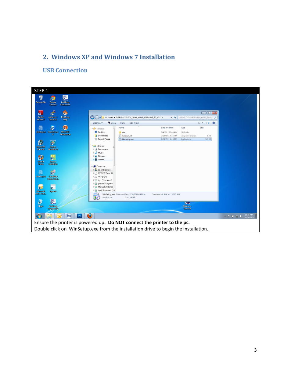 Windows xp and windows 7 installation, Usb connection | iSys Iterra Mi875 User Manual | Page 3 / 22