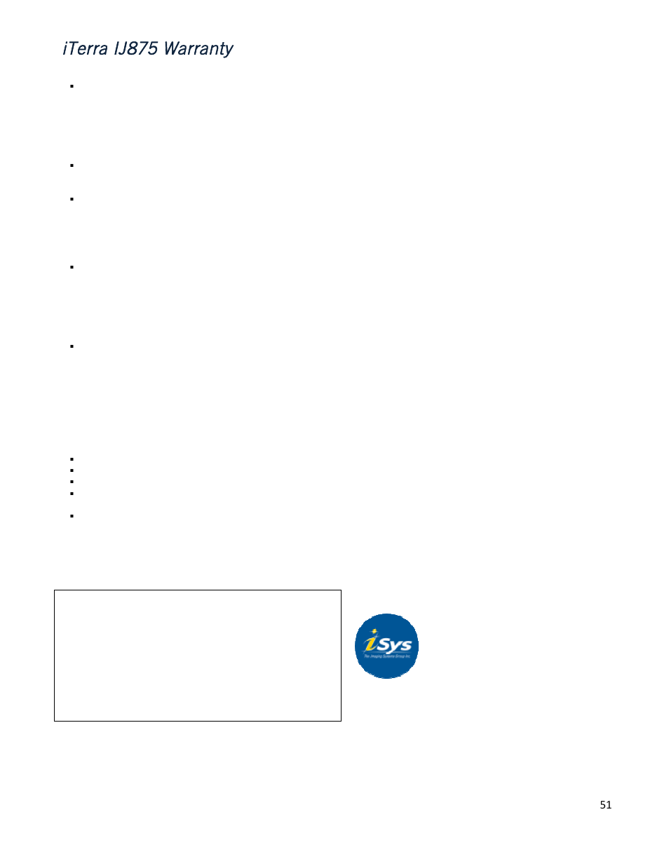 Iterra ij875 warranty | iSys iTerra IJ875 User Manual | Page 51 / 51