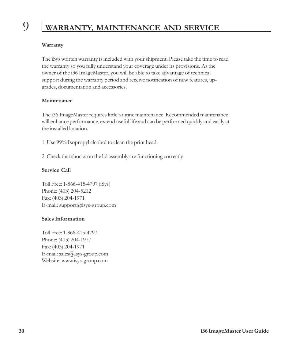 Warranty, maintenance and service | iSys i36 User Manual | Page 29 / 30