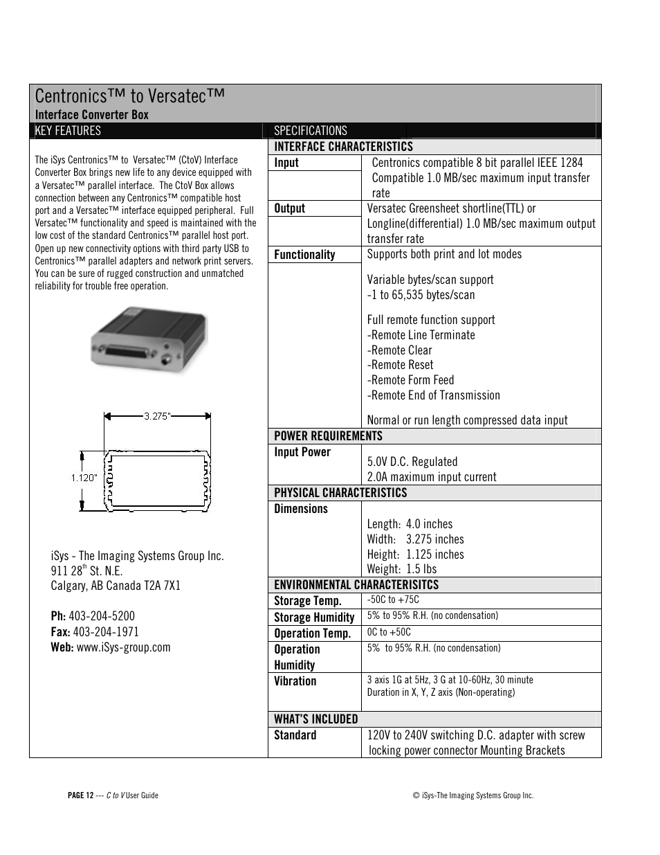 Centronics™ to versatec | iSys C to V User Manual | Page 12 / 12