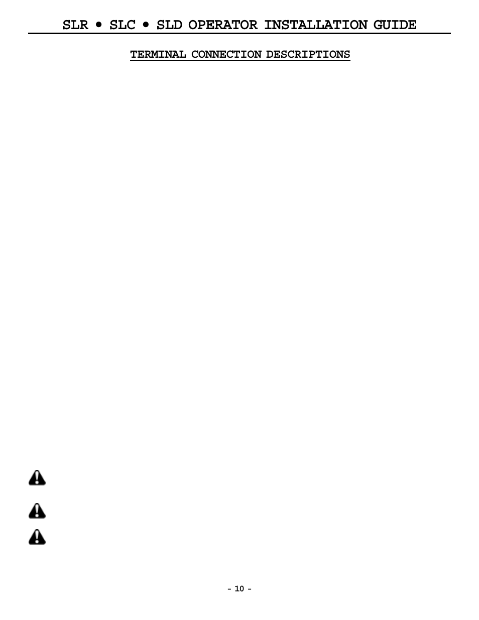 Slr • slc • sld operator installation guide, Terminal connection descriptions | OSCO MG0-20 User Manual | Page 10 / 40
