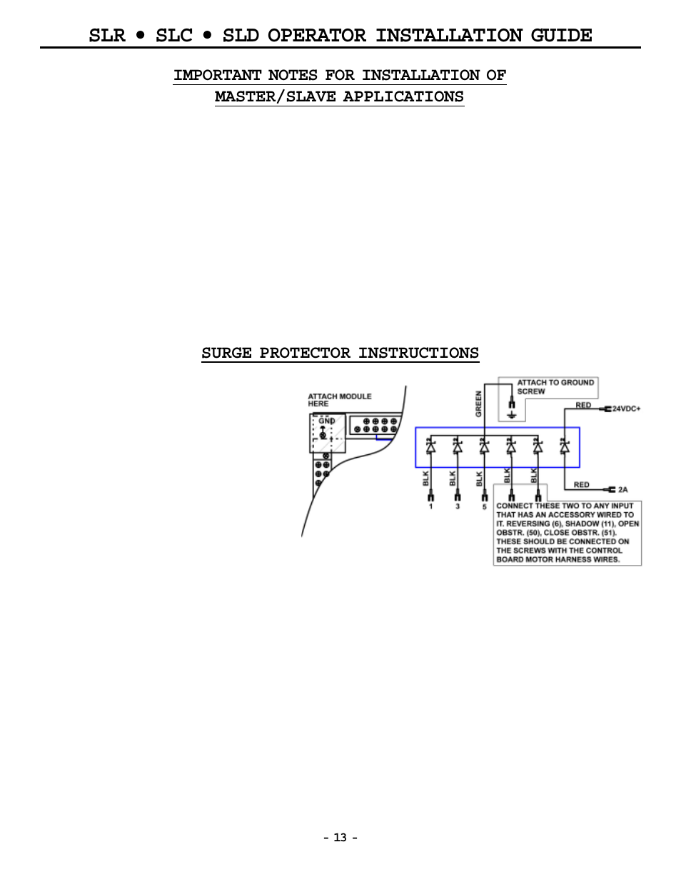 Slr • slc • sld operator installation guide, Surge protector instructions | OSCO MG0-20 User Manual | Page 13 / 40