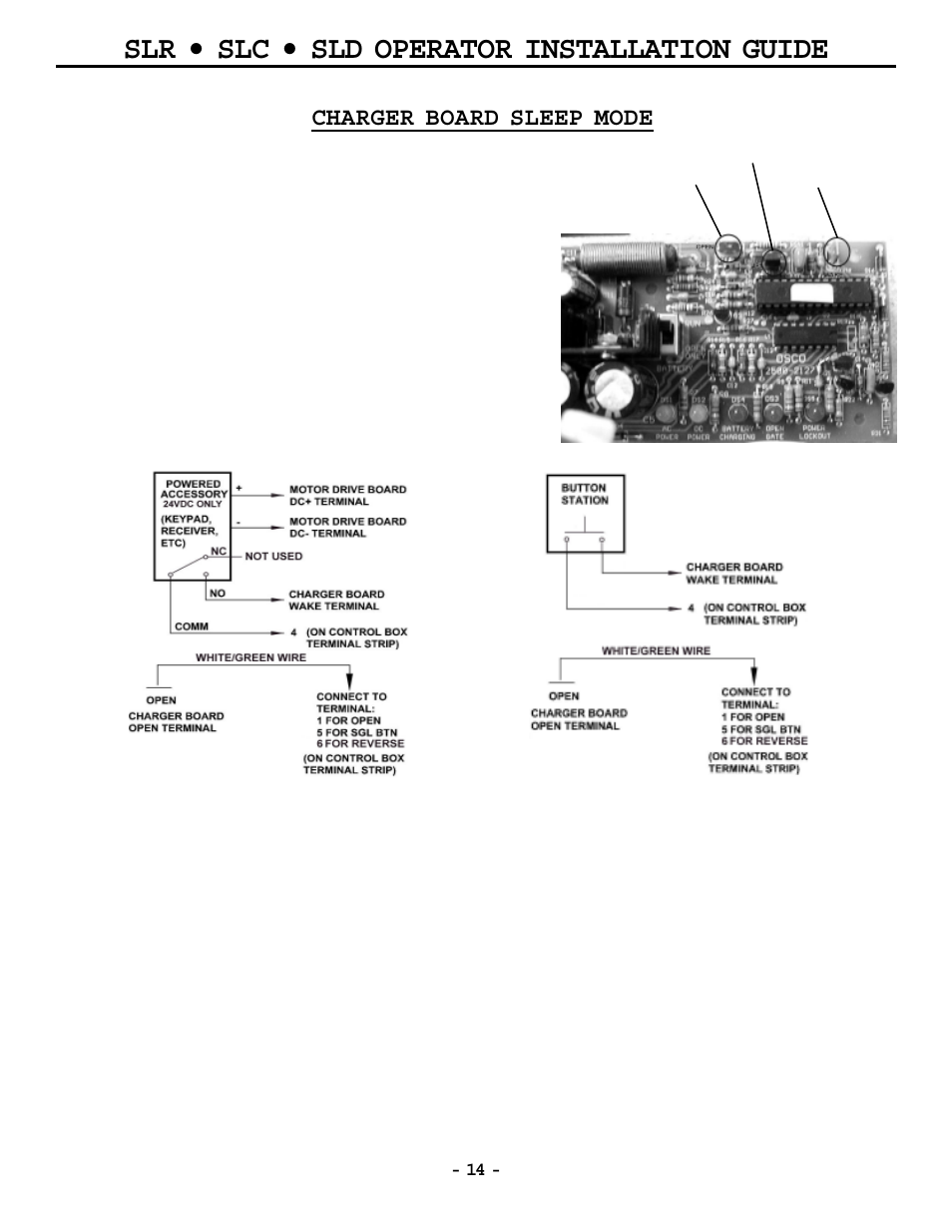 Slr • slc • sld operator installation guide, Charger board sleep mode | OSCO MG0-20 User Manual | Page 14 / 40