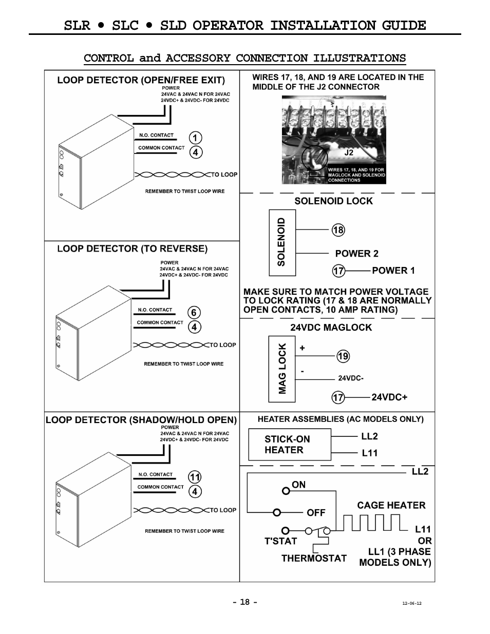 Slr • slc • sld operator installation guide, Control and accessory connection illustrations | OSCO MG0-20 User Manual | Page 18 / 40