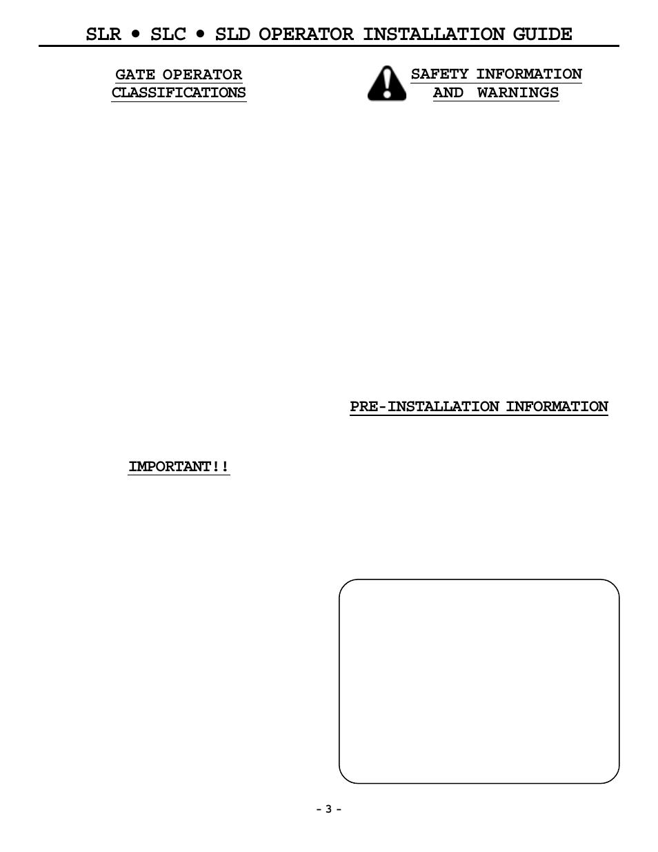 Slr • slc • sld operator installation guide, Safety information and warnings important | OSCO MG0-20 User Manual | Page 3 / 40