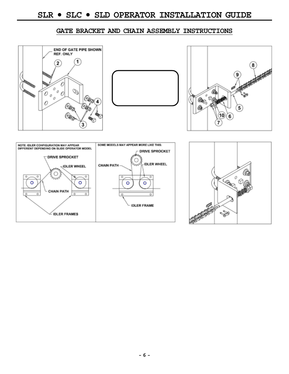 Slr • slc • sld operator installation guide, Gate bracket and chain assembly instructions | OSCO MG0-20 User Manual | Page 6 / 40