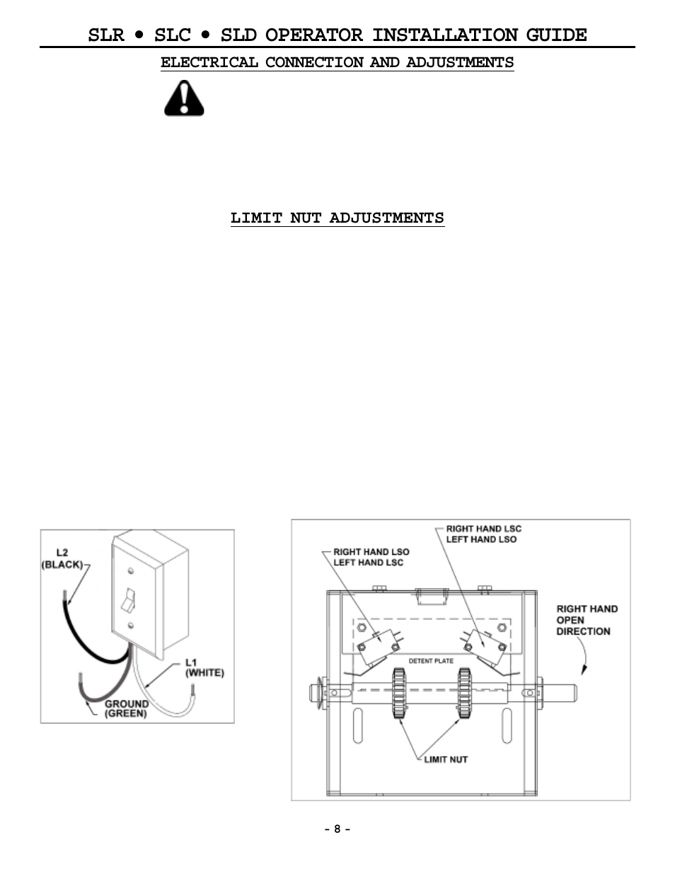 Slr • slc • sld operator installation guide, Electrical connection and adjustments, Limit nut adjustments | OSCO MG0-20 User Manual | Page 8 / 40