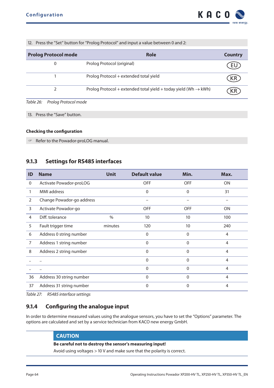 3 settings for rs485 interfaces, 4 configuring the analogue input | KACO Powador XP200-HV TL User Manual | Page 64 / 90